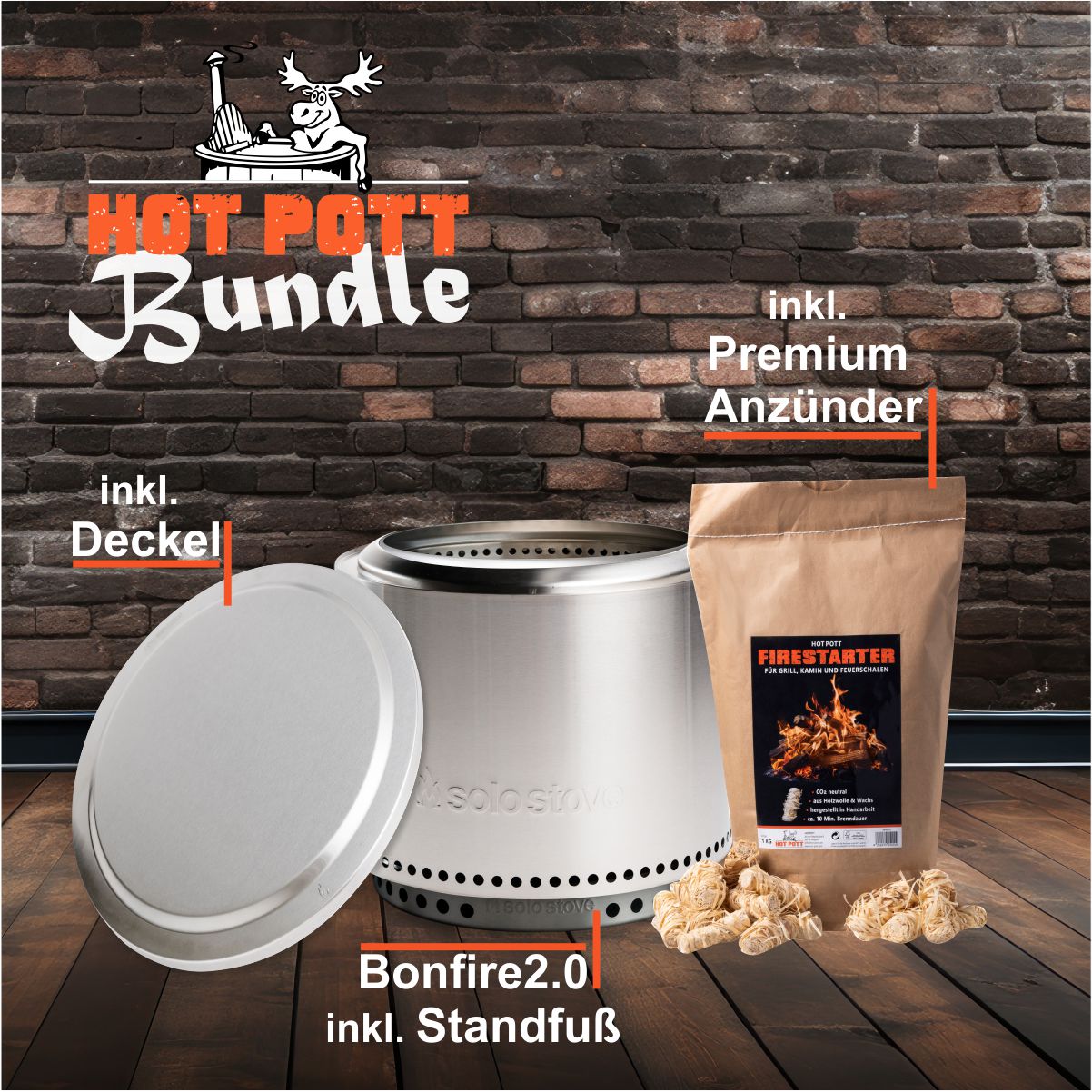 Bundle - Solo Stove Bonfire 2.0 Stainless Steel mit Standfuß + Deckel + 1 kg Firestarter Feuerschale