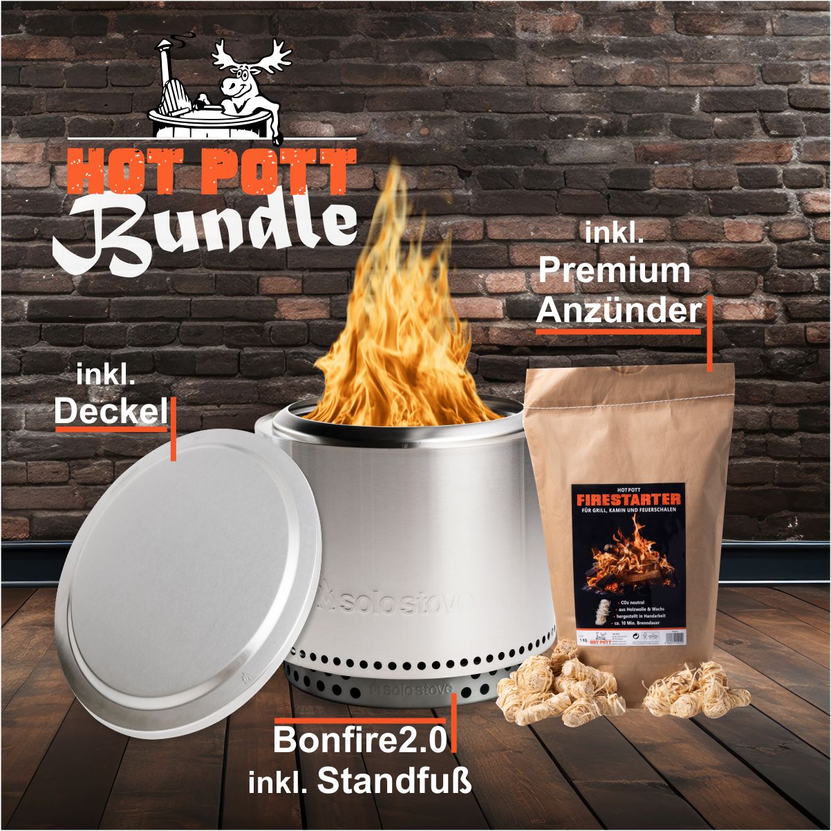 Bundle - Solo Stove Bonfire 2.0 Stainless Steel mit Standfuß + Deckel + 1 kg Firestarter Feuerschale