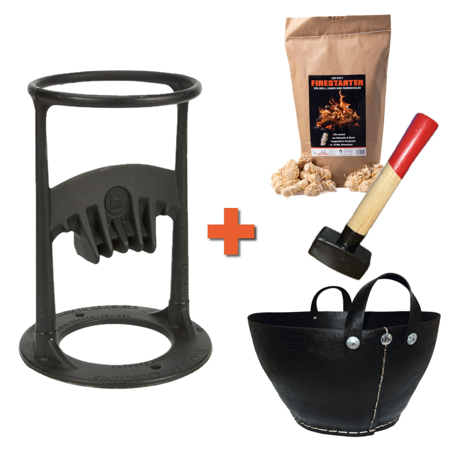 Set Holzspalter Kindling Cracker & Fäustel & Tadé Holzkorb & Firestarter 1kg