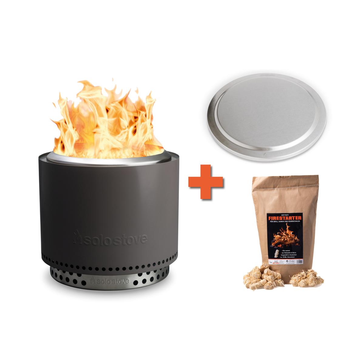 Solo Stove Bonfire 2.0 Ash mit Standfuß Bundle + Deckel + 1 kg Firestarter Feuerschale Feuerstelle