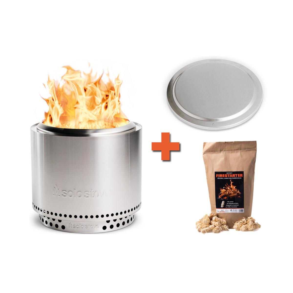Solo Stove Bonfire 2.0 Stainless Steel mit Standfuß Bundle + Deckel + 1 kg Firestarter Feuerschale