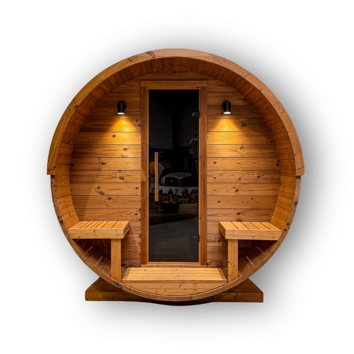 Thermoholz Fass Sauna Ø 2,25 m x 2,60 m inkl. Holzofen HUUM Flow Mini