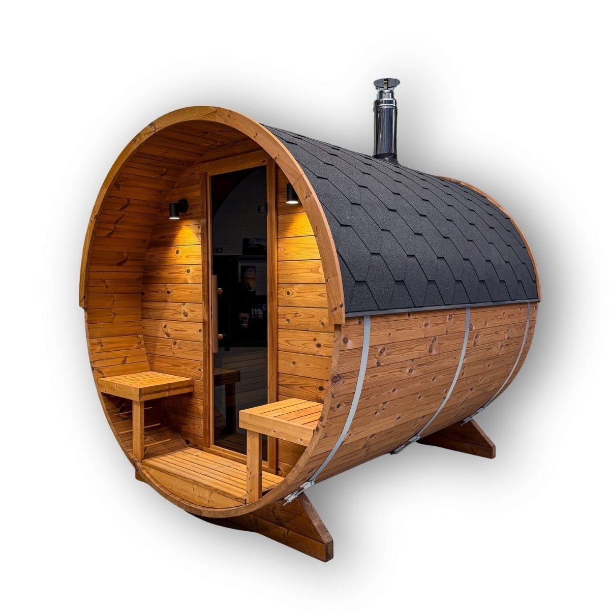 Thermoholz Fass Sauna Ø 2,25 m x 2,60 m inkl. Holzofen HUUM Flow Mini