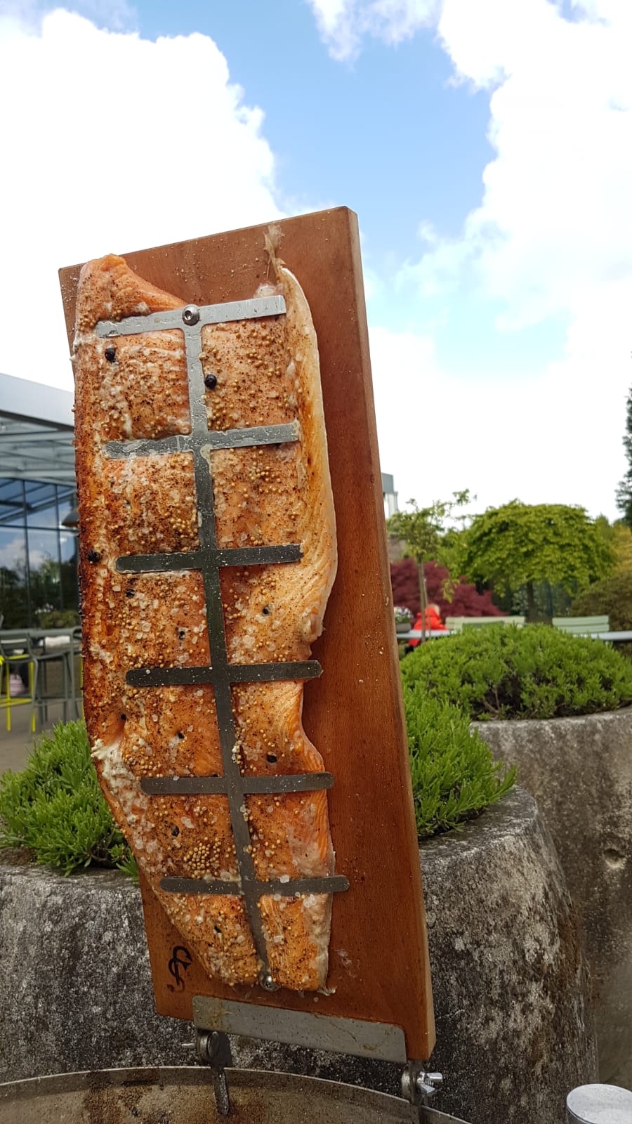 Flammlachs Buchenplanke an Feuerschale montiert - Lachs auf skandinavische Art genießen